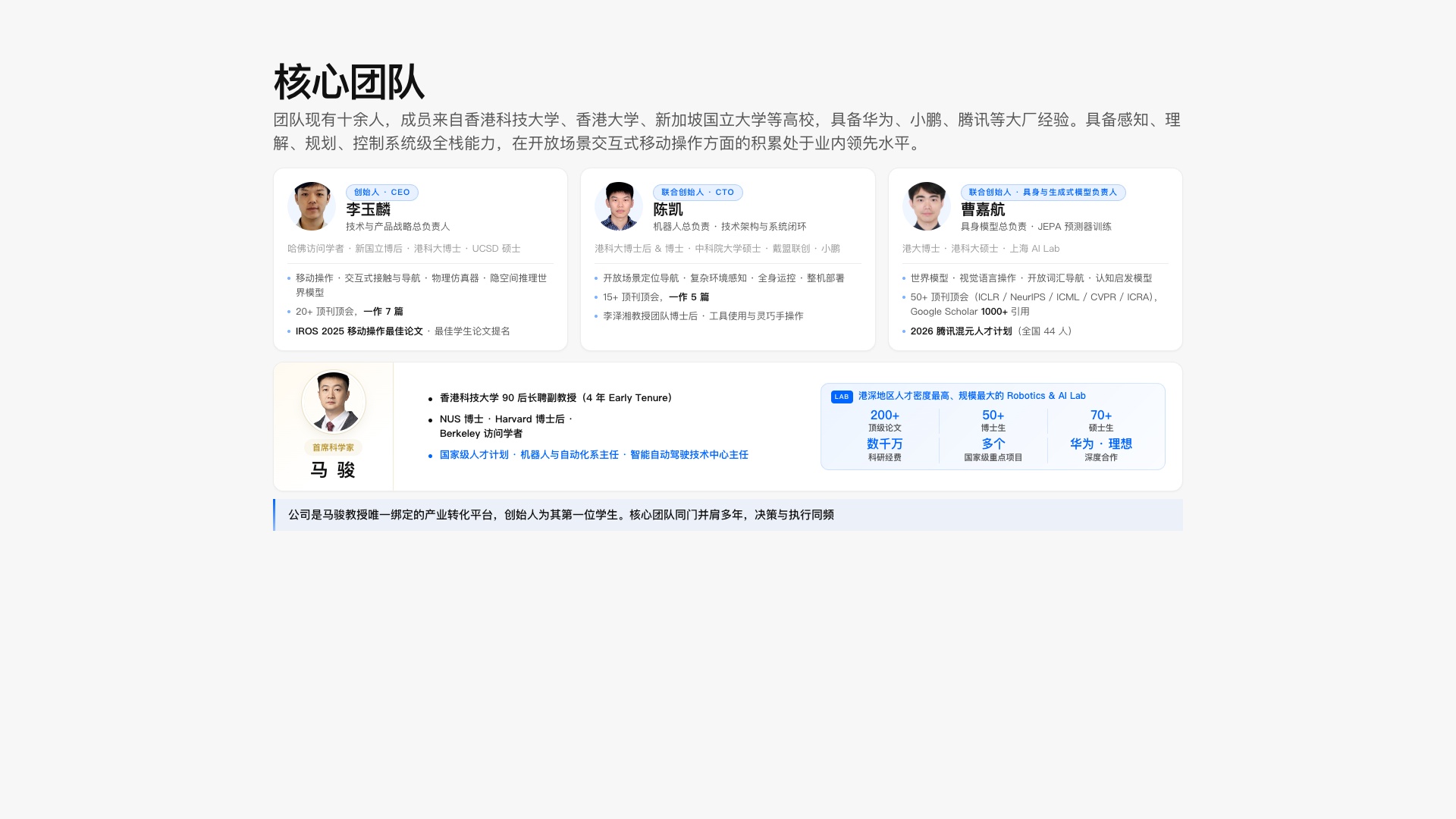 核心团队：李玉麟、陈凯、曹嘉航及首席科学家马骏。十余人团队，覆盖感知、理解、规划与控制。